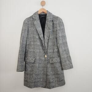 Zara Black Plaid Double Breasted Longline Blazer Wool Blend Coat Jacket XS 0